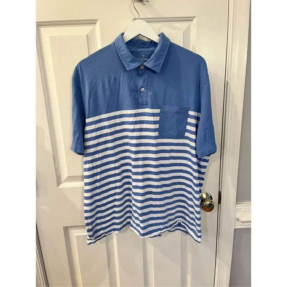 Vineyard Vines Classic Fit Men’s Blue & White Stripe Polo Golf Breaker Shirt sz